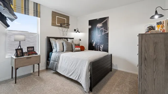 a bedroom with bed and a bookshelf
