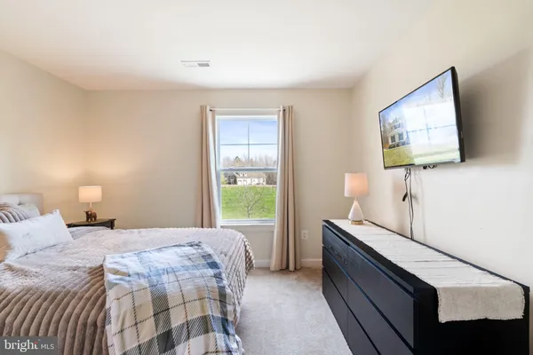 a bedroom with a bed and a flat screen tv