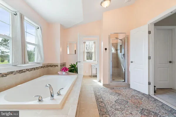 a bathroom with a tub a sink and a window