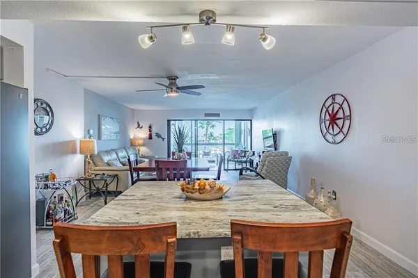 a view of a dining room with furniture