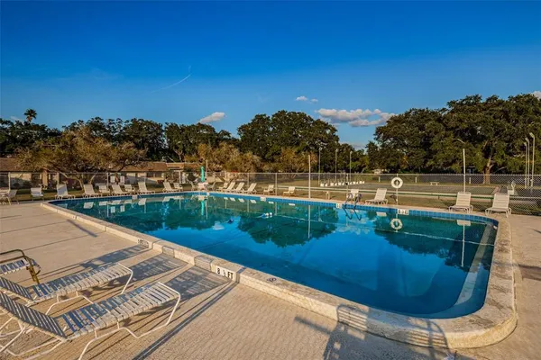 a view of swimming pool with seating area and trees in the background