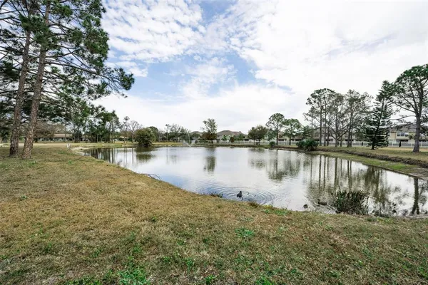 a view of a lake with houses in the back