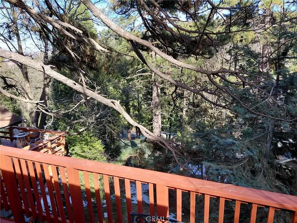 a backyard of a house with large trees and wooden fence