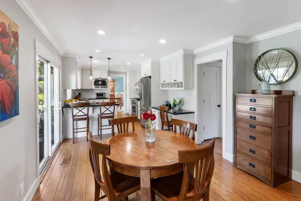 a view of a dining room with furniture and wooden floor