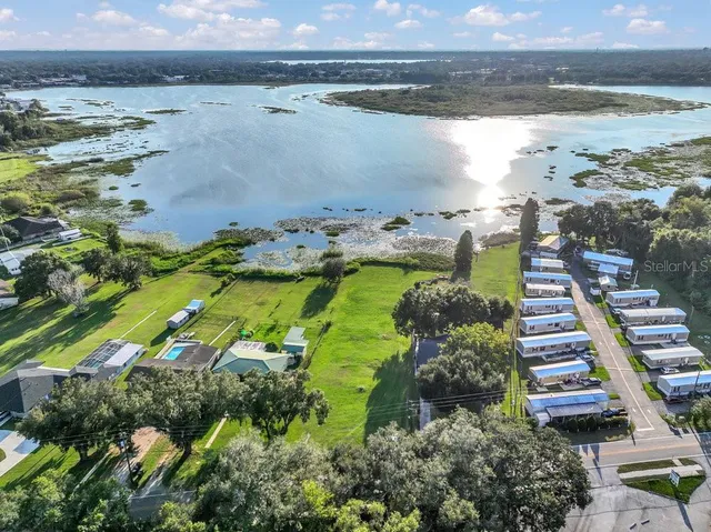 a view of a lake with a beach
