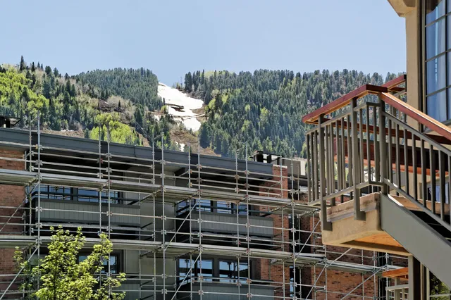 a view of a building from a balcony