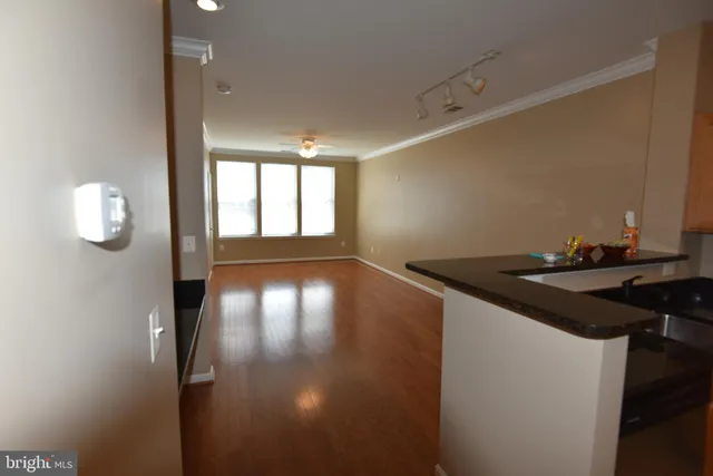 a view of a hallway with wooden floor and a cabinet