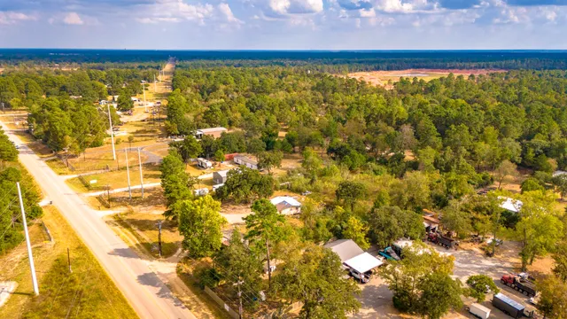 an aerial view of residential houses with outdoor space and trees