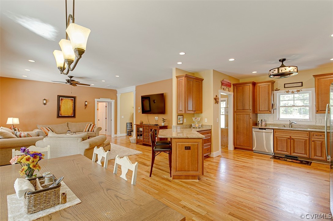 Open eating/kitchen and family room