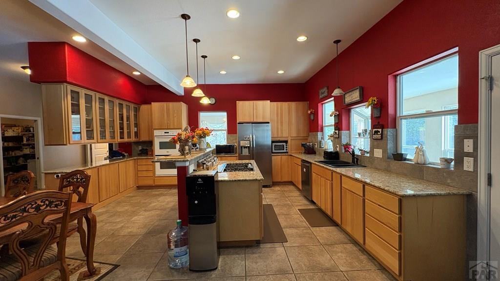 8295 Green Lane Rye, CO 81069 - Photo 19 of 88 a large kitchen with stainless steel appliances kitchen island granite countertop a large kitchen island a stove a sink a dining table and chairs