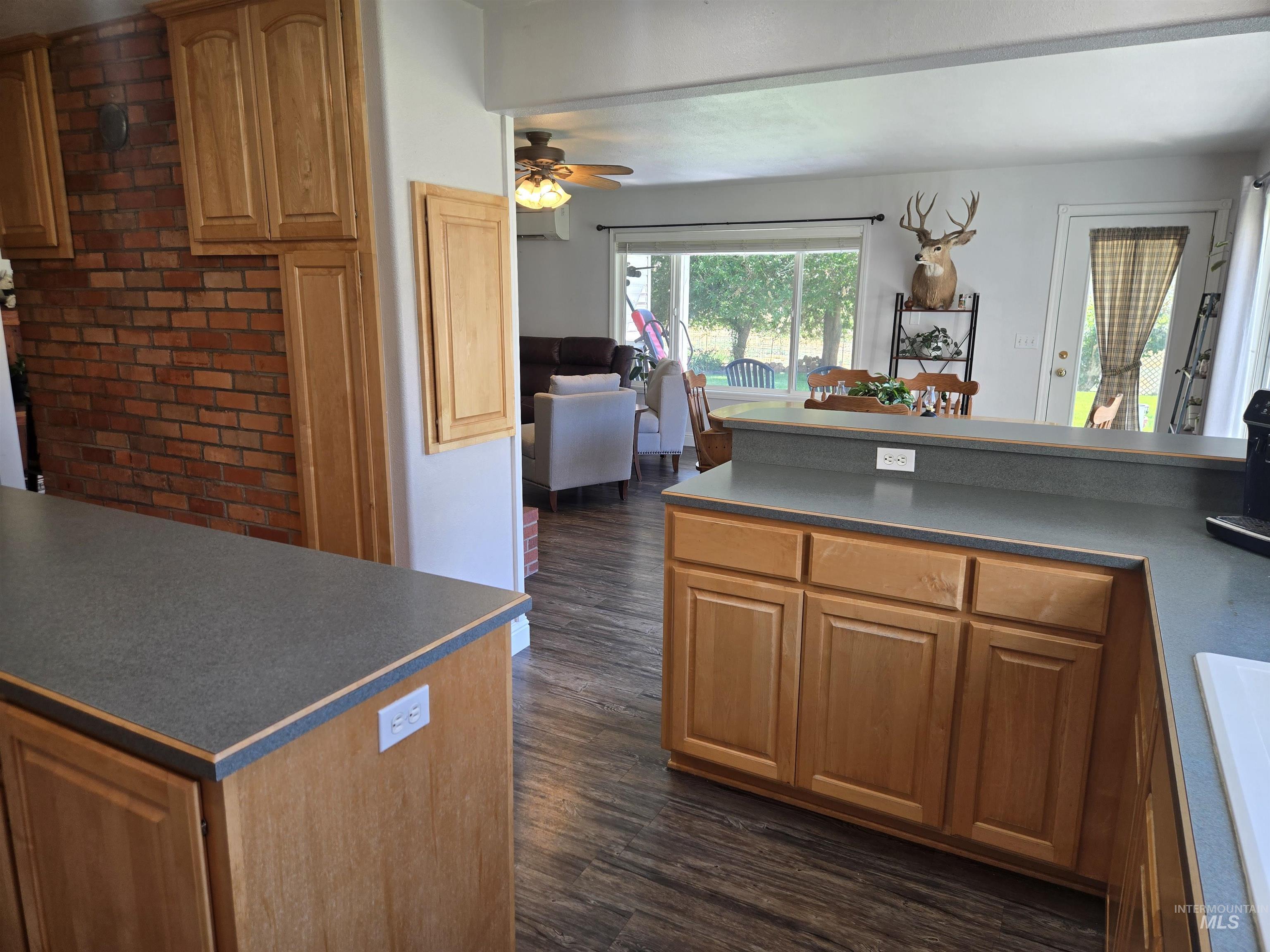 17082 Snake River Road Asotin, WA 99402 - Photo 31 of 31 Kitchen featuring dark wood finished floors, a ceiling fan, dark countertops, and open floor plan