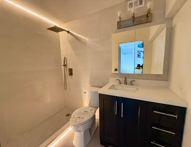 a bathroom with a sink a toilet a mirror and shower
