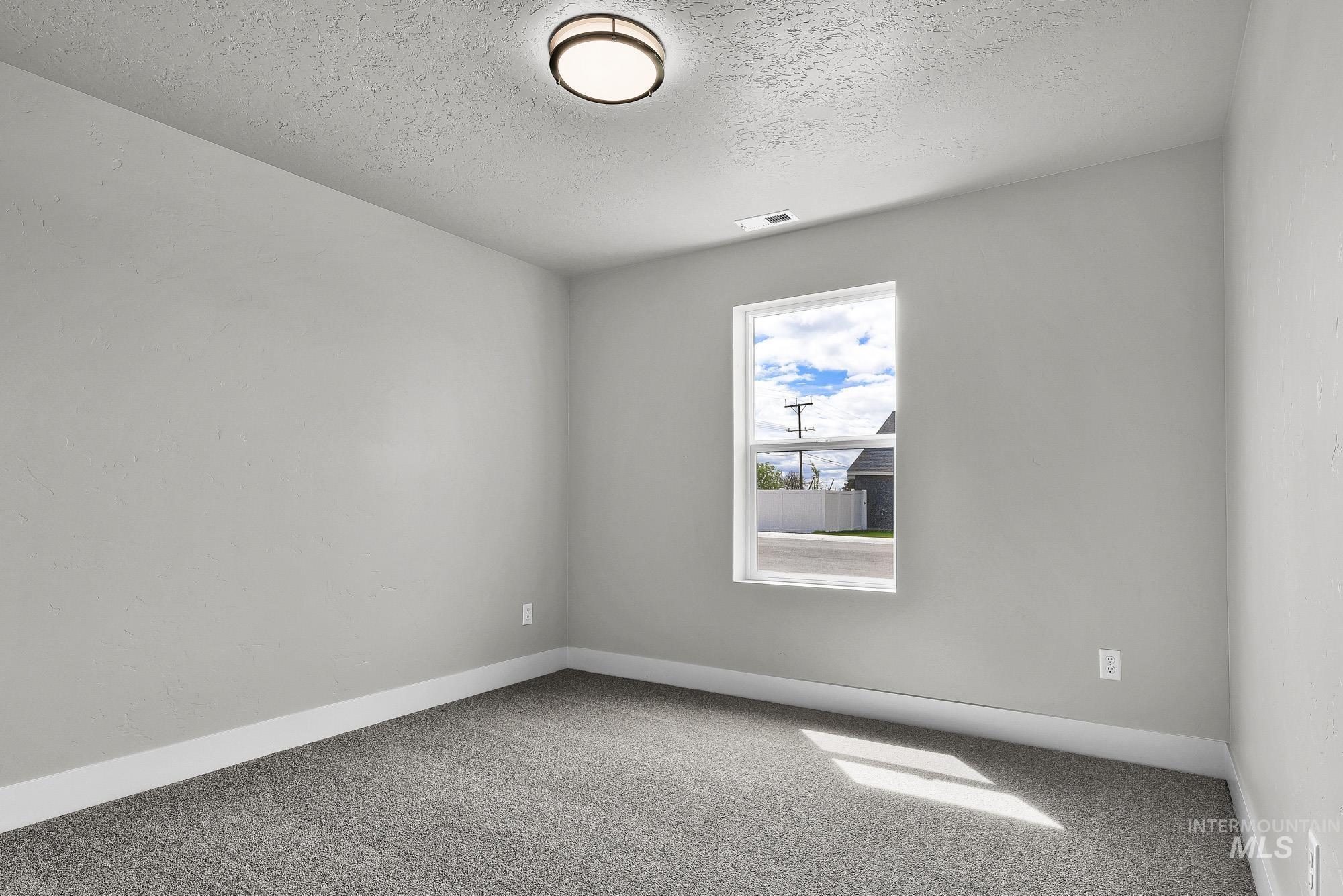 320 North 12th Parma, ID 83660 - Photo 32 of 34 Light gray interior featuring a window with white trim, gray carpet, white baseboards, and a flush-mount ceiling light fixture