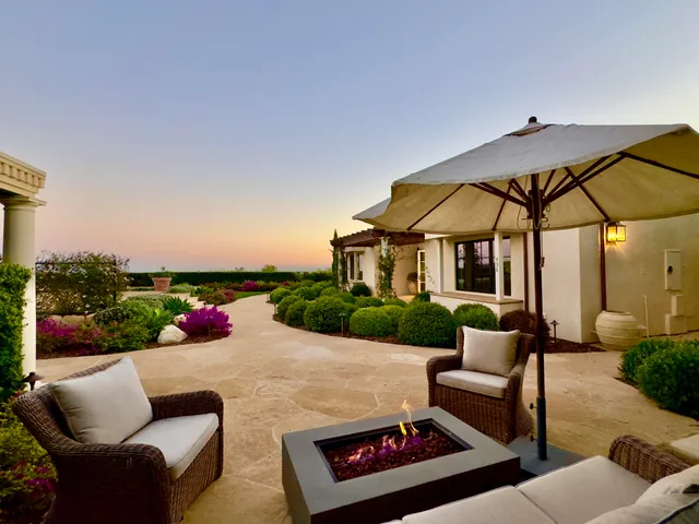 a view of a patio with couches and potted plants