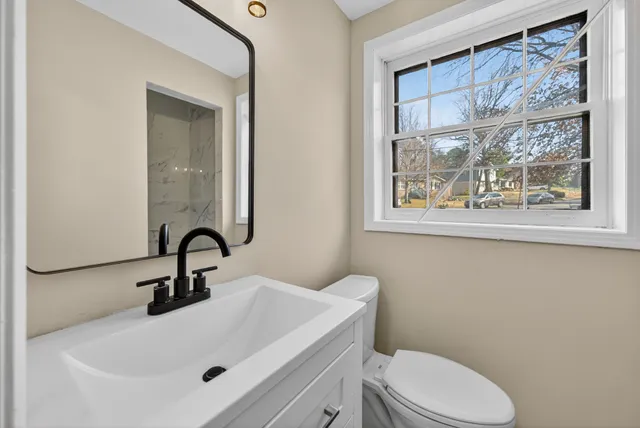 a bathroom with a sink mirror and toilet