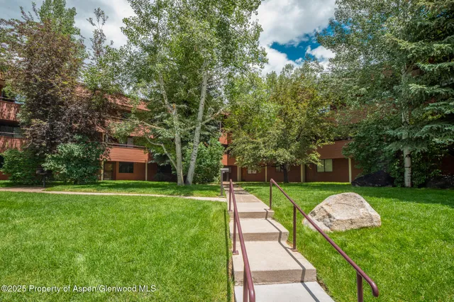a view of a backyard with table and chairs and potted plants and large trees