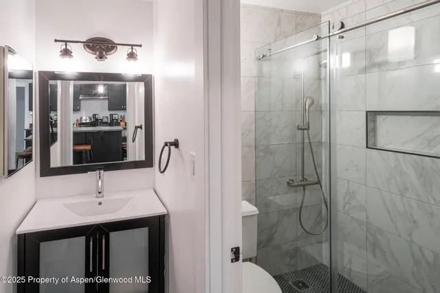 a bathroom with a sink shower and a mirror