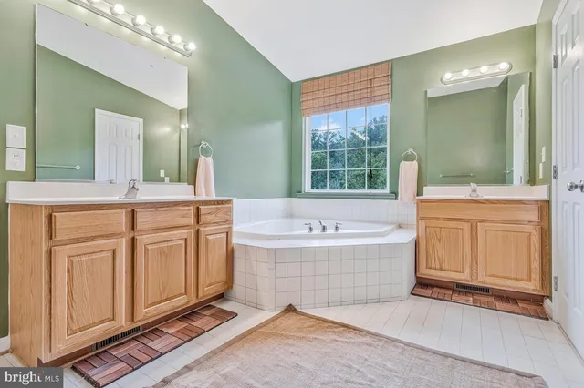 a bathroom with a tub sink and mirror