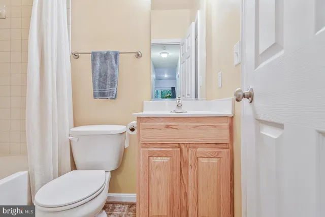 a bathroom with a toilet sink vanity and mirror