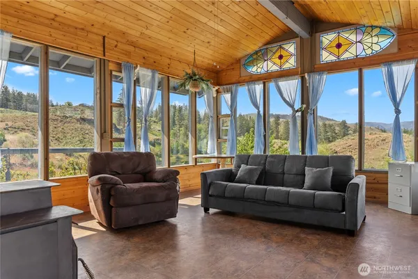 a living room with furniture and a large window