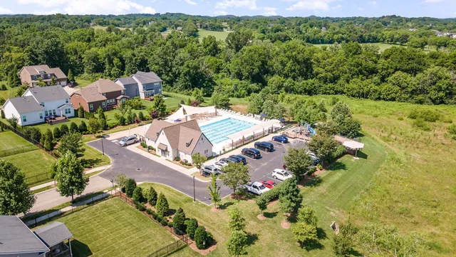 a green field with trees in the background
