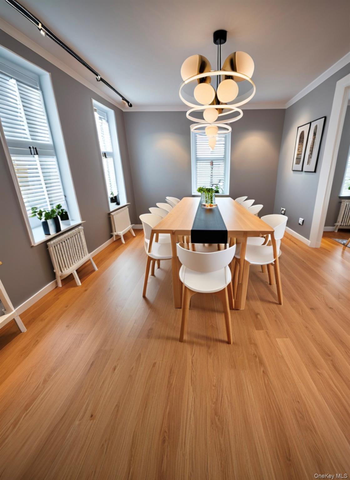 227 Calhoun Avenue Bronx, NY 10465 - Photo 8 of 17 a dining room with wooden floor a chandelier a glass table and chairs