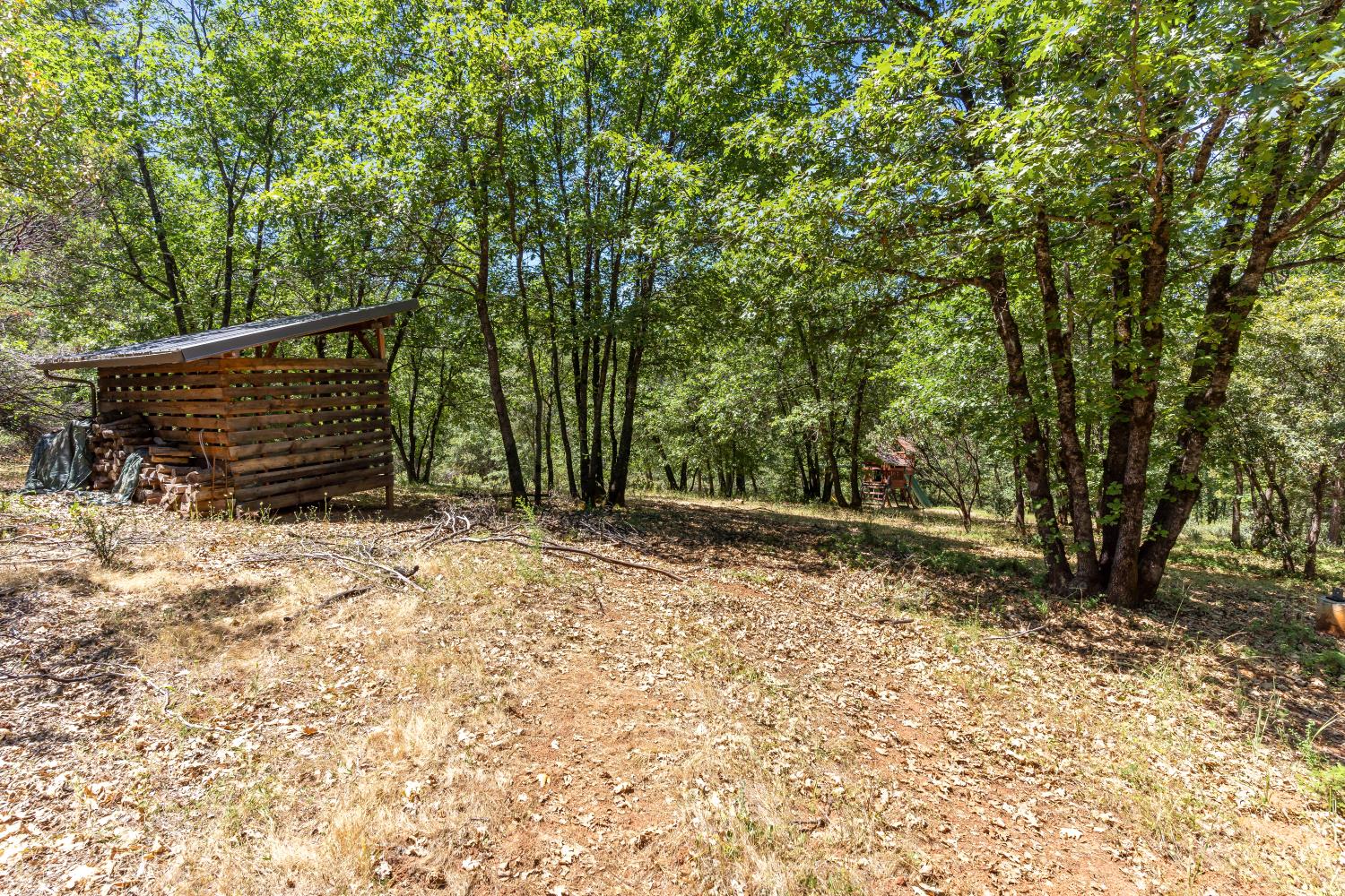 2640 Trail Gulch Road Placerville, CA 95667 - Photo 21 of 37 a backyard of a house with wooden fence and large trees