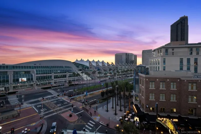 a city view with tall buildings