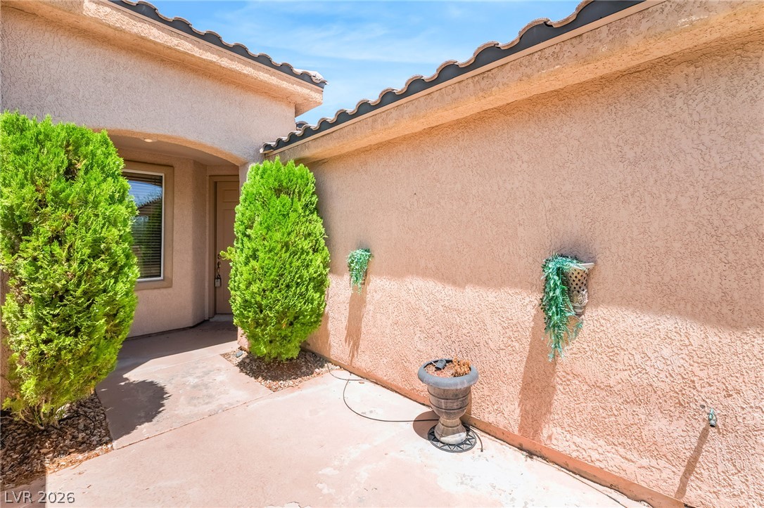5389 Progresso Street Las Vegas, NV 89135 - Photo 6 of 41 A terracotta-colored stucco facade with evergreen shrubs flanks the inviting front entry.