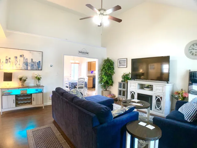 a living room with furniture a flat screen tv and a fireplace