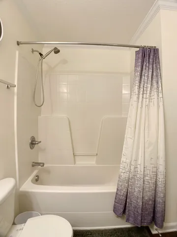 a bathroom with a shower curtain and a bathtub
