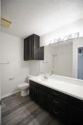 a bathroom with a double vanity sink toilet and mirror