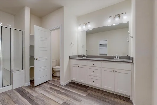 a spacious bathroom with a granite countertop sink and a mirror