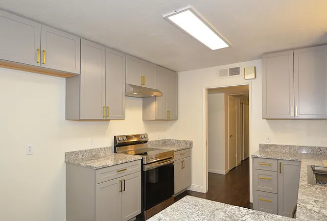 a kitchen with a stove and a refrigerator