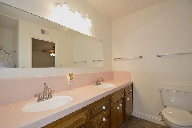 a bathroom with a toilet a sink a mirror and vanity