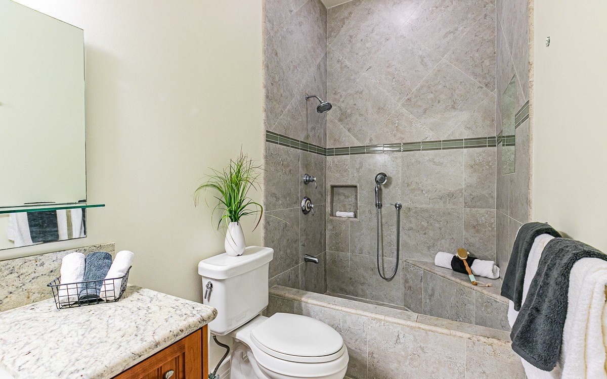 28-256 Akaka Falls Road Honomu, HI 96728 - Photo 22 of 26 a bathroom with a granite countertop sink a toilet and shower