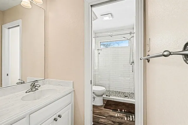 a bathroom with a shower a toilet and a window