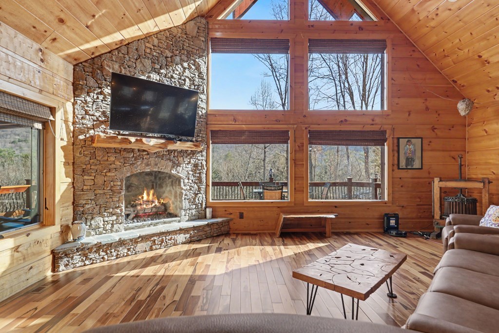 4760 Anderson Road Hiawassee, GA 30546 - Photo 16 of 104 a living room with furniture a flat screen tv and a fireplace