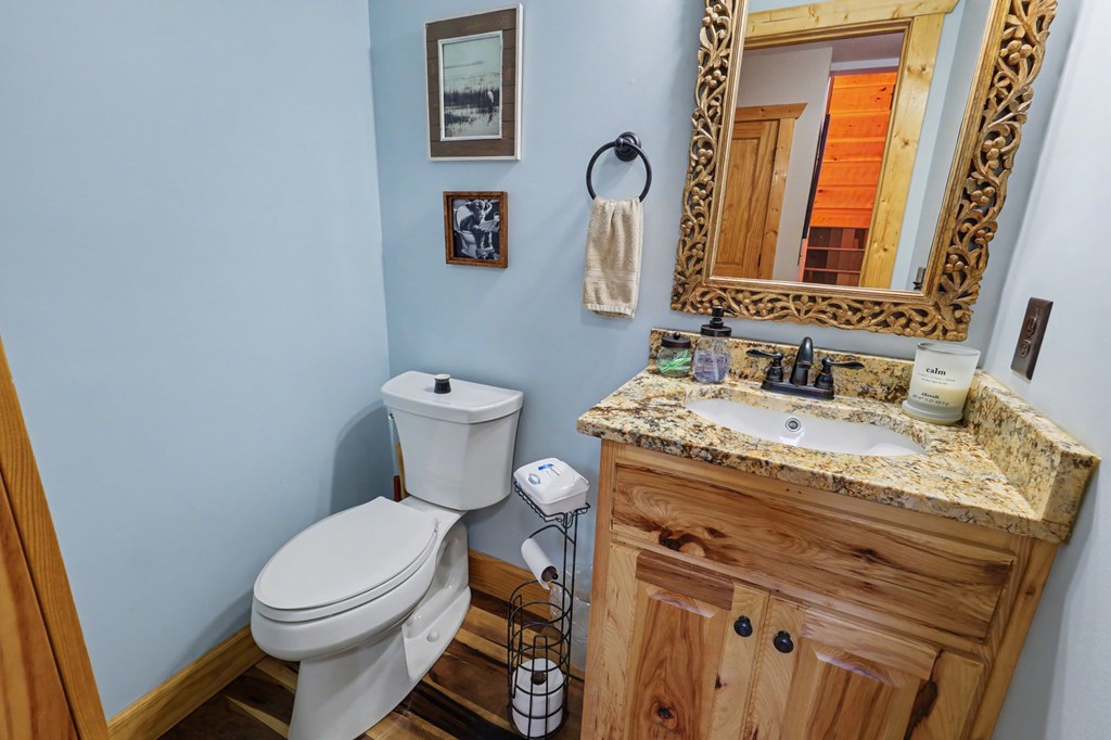 4760 Anderson Road Hiawassee, GA 30546 - Photo 68 of 104 a bathroom with a granite countertop toilet sink and mirror