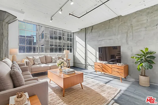 a living room with furniture potted plant and a fireplace