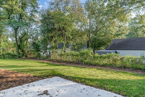 a view of a backyard with large trees