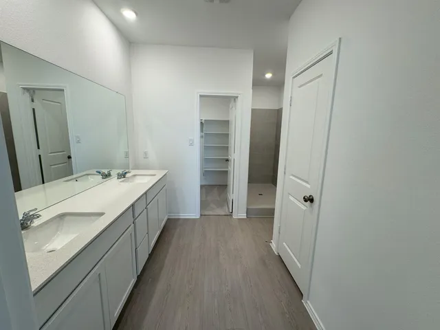 a bathroom with a sink a mirror and a shower
