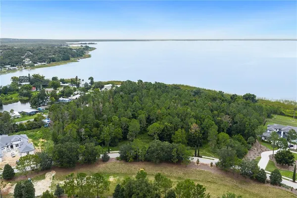 an aerial view of a houses with yard and lake view