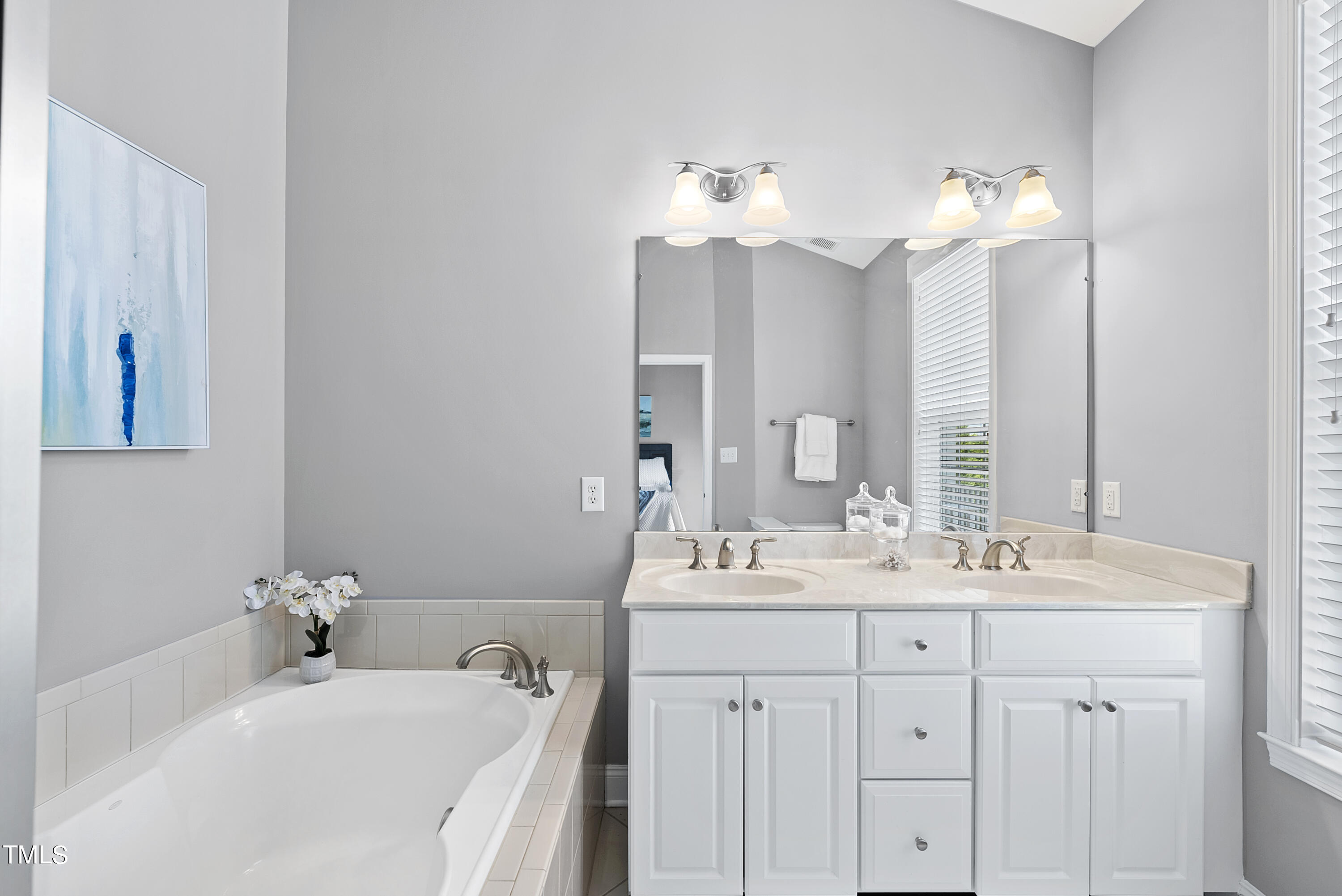 9221 Calabria Drive, Unit 109 Raleigh, NC 27617 - Photo 20 of 34 a bathroom with a sink vanity and a mirror