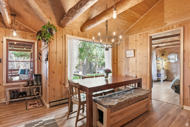 6631 Pine Springs Road Kamas, UT 84036 - Photo 5 of 48 Dining area with plenty of natural light, a chandelier, vaulted ceiling with beams, light wood-style floors, and wood walls
