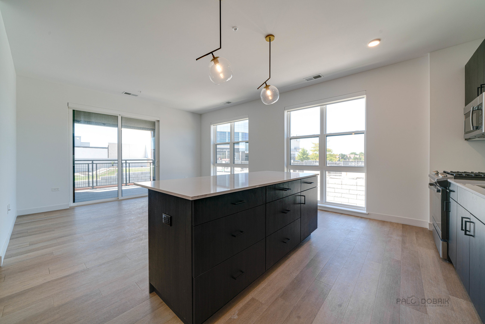 750 Hawthorn Row, Unit 4166 Vernon Hills, IL 60061 - Photo 12 of 24 a large kitchen with granite countertop a large counter top space a sink a refrigerator and wooden floor