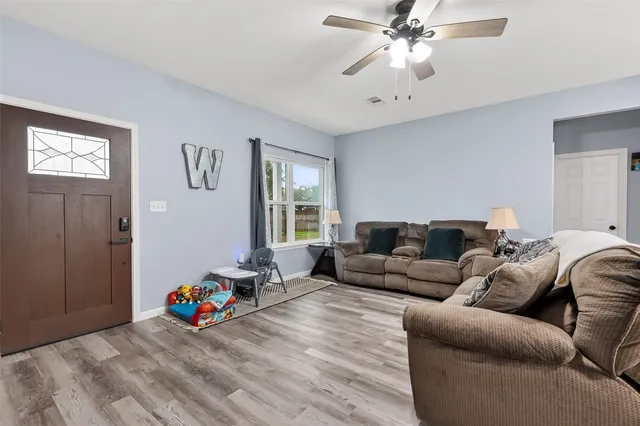 a view of a dining room with furniture