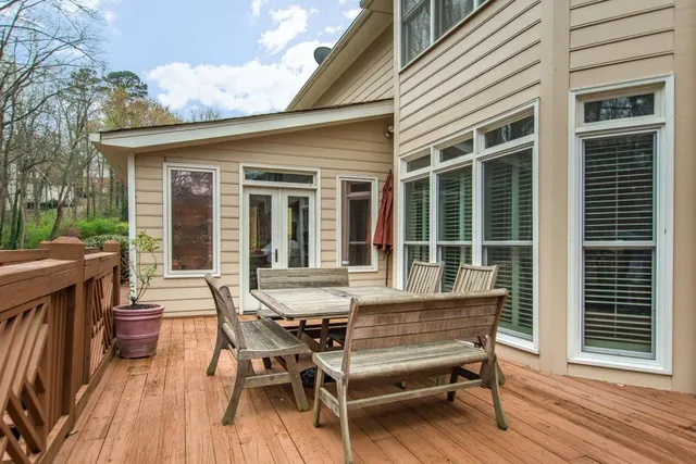 a view of a park with large trees