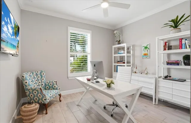 a front view of a house with a yard and palm trees