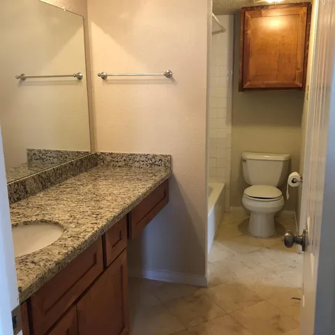 a bathroom with a granite countertop sink and toilet
